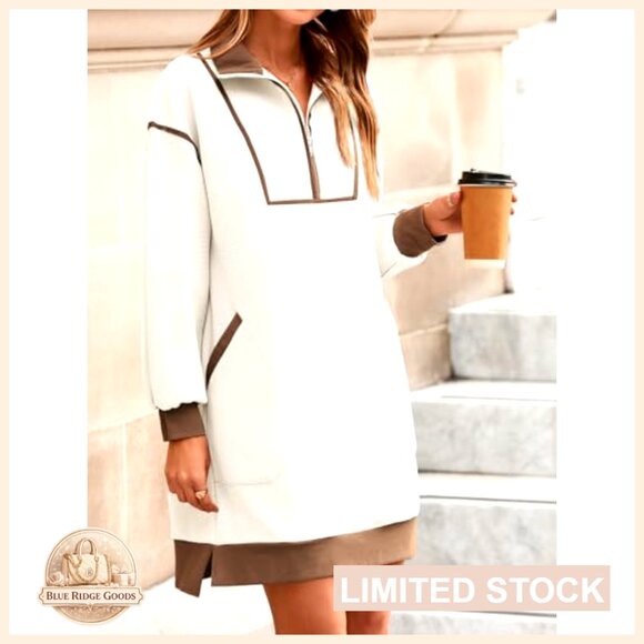 Oversized Sweatshirt Dress Half Zip V Neck Long Sleeve Casual Mini - Picture 3 of 7